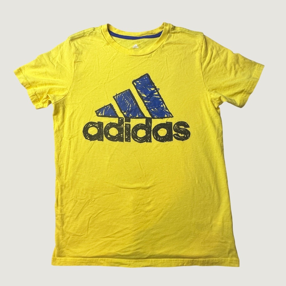 Adidas T-Shirt Kids L 14/16 Yellow Scribble Logo Graphic Tee‎ AA7503 HBA002